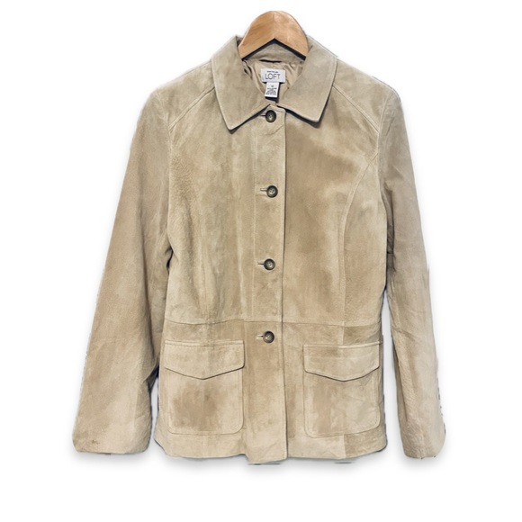 LOFT Jackets & Blazers - Ann Taylor Suede Leather Jacket Button Blazer Beige Neutral Size 12